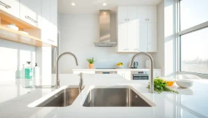 Kitchen deep cleaning Dubai showing a spotless kitchen with organized surfaces and bright lighting.