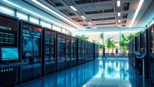 Cloud mining facility with high-tech equipment and digital interfaces for cryptocurrency.