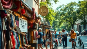 Shoppers discovering unique vintage finds at https://thrift-vintage.com with vibrant street scene.