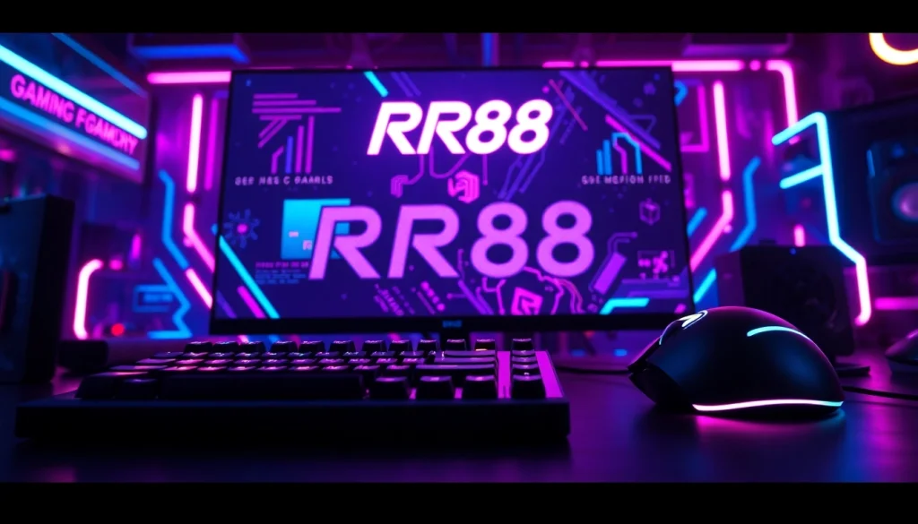 Engaging RR88 gaming setup showcasing high-tech peripherals in a cyberpunk atmosphere.