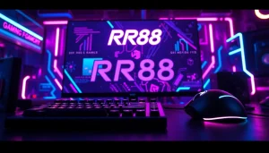 Engaging RR88 gaming setup showcasing high-tech peripherals in a cyberpunk atmosphere.