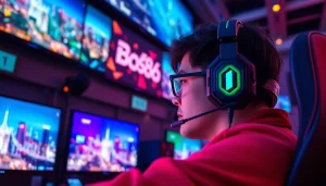 Gamer menikmati pengalaman bermain bos88 dalam suasana penuh warna dan dinamis.