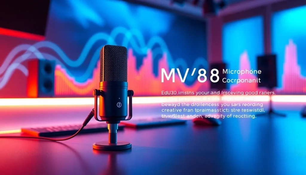 MV88 microphone displayed in a modern studio with ambient lighting and sound wave graphics, highlighting its premium audio features.