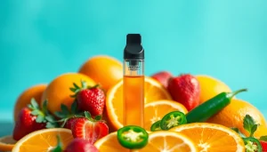 Engaging shot of jeeter juice 2g disposable vape among fresh fruits, highlighting vibrant flavor options.