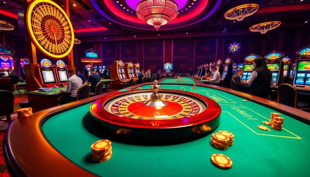 Exciting casino environment with poker tables and slot machines, showcasing KJC AC's vibrant gambling atmosphere.