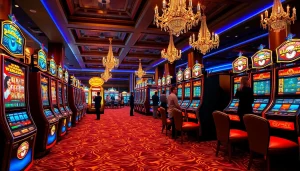 Menggambarkan suasana kasino mewah dengan mesin slot luxury333 yang menarik dan penuh warna.