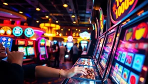 Gamer winning at agen toto slot machine with bright lights and cascading coins.
