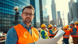 New York City Construction Manager manages a project site with workers collaborating and skyscrapers in the background.