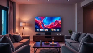 Engaging living room with "iron tv pro" streaming experience showcasing vivid content on a sleek TV.