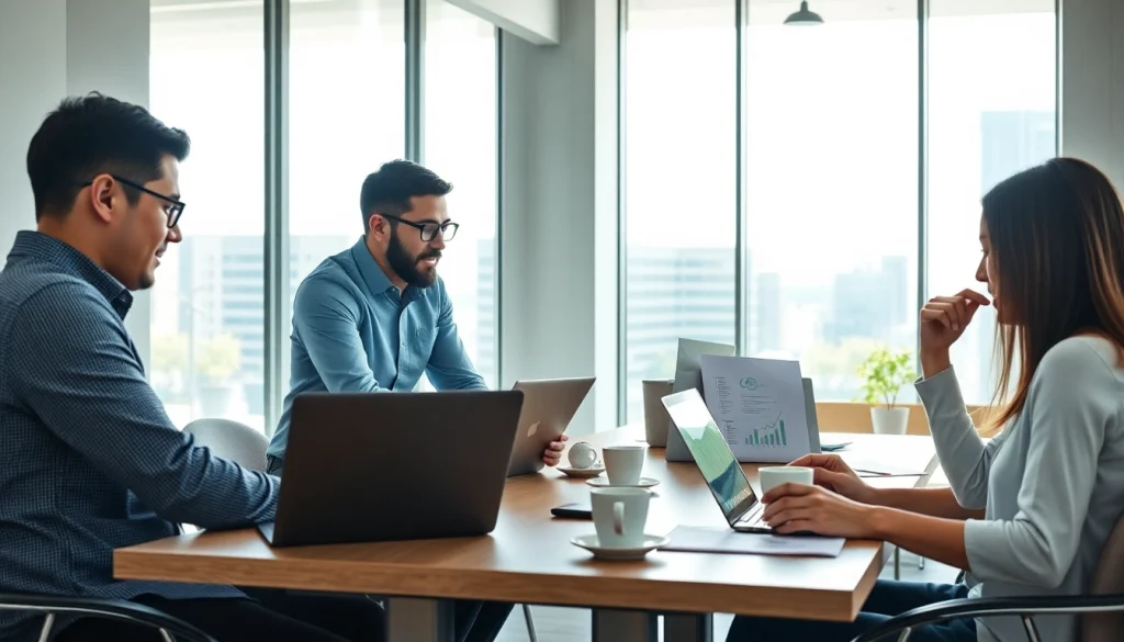 Engaging digital marketing team collaborates at https://press.farm in a modern office setting.