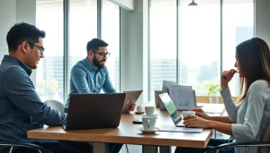 Engaging digital marketing team collaborates at https://press.farm in a modern office setting.