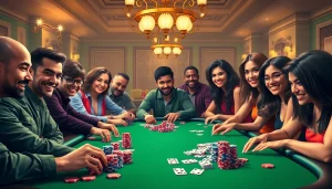 Mainkan Domino88 poker game dengan pemain seru di meja kasino yang berkilauan dan penuh semangat.