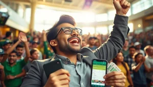 Celebrate sports betting in India with a winning enthusiast amidst a lively atmosphere.