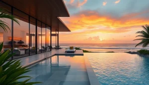 Luxury international real estate villa juxtaposed against a serene coastal sunset.