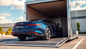 Transporting a luxury vehicle with enclosed auto transport services in a professional setup.