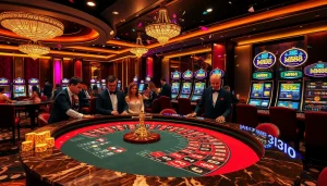 MM88 gaming excitement inside a lavish casino with roulette and slot machines.