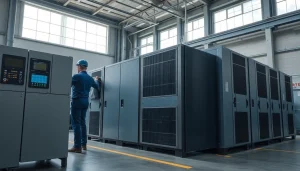 Integrate a commercial storage system in a modern warehouse with sleek, high-tech equipment.