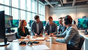 Engaged team at a video game QA company discussing testing strategies and game mechanics.