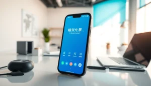 Download 爱思助手下载 on a smartphone in a modern tech workspace.