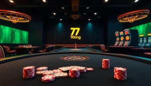 Joueurs 79king profitant d'une action de poker passionnante à des tables de luxe avec des jetons élégants et des roues de roulette vibrantes.