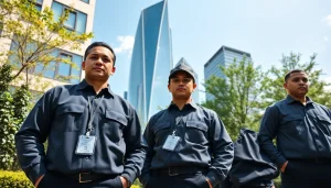 Security Guards ensuring safety at a business complex entrance with a modern skyline backdrop.