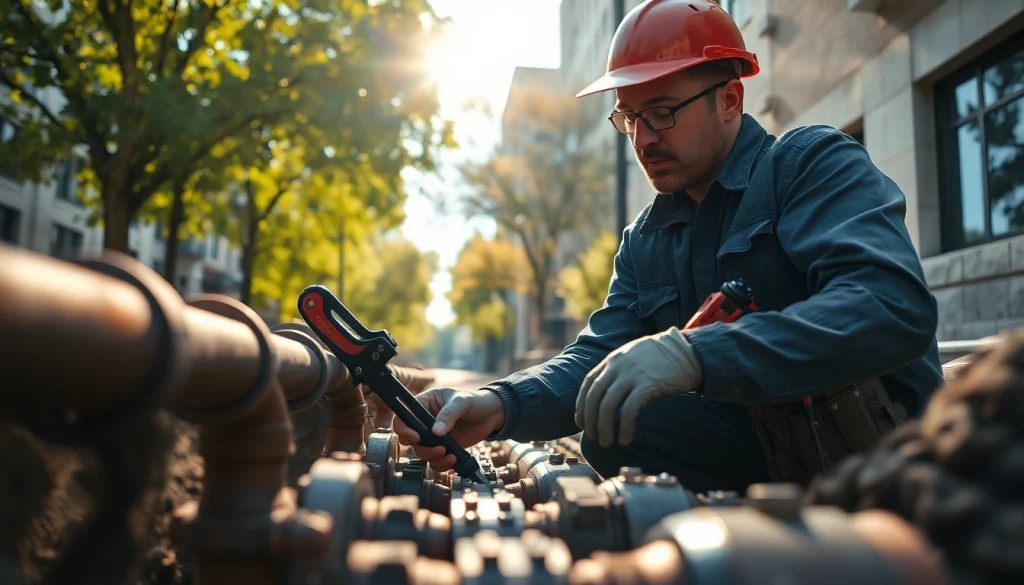 Plumber conducting sewer repair raleigh in an urban setting with advanced equipment.