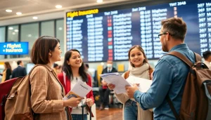 Families discussing flight insurance options with a travel agent at an airport.