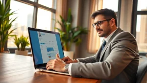 Engaging professional using a laptop to Rent LinkedIn Profile in a modern office environment.