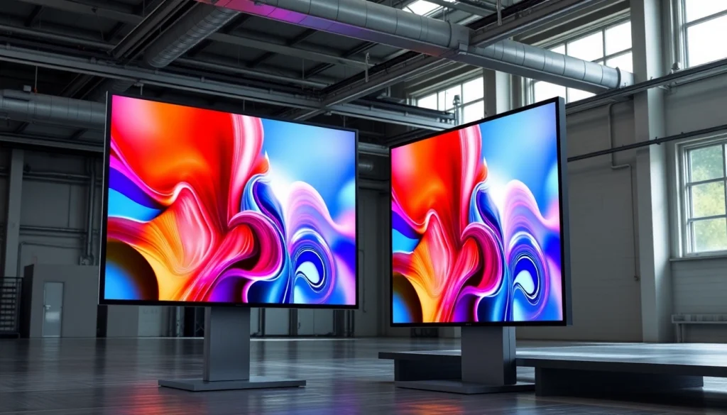 Showcasing a high quality LCD screen with vibrant visuals in a sleek industrial setting.