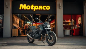 Explorez la gamme Motopaco d'accessoires de moto, illuminée par des lumières naturelles, attirant l'attention sur la qualité.