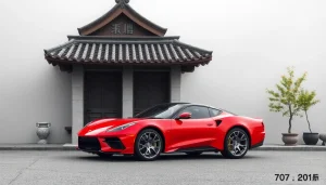 カーリースの新車に乗る家族が笑顔でポーズをとるシーン。