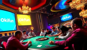 Experience thrill at Okfun's poker table amidst shimmering lights.