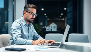 Strategie di flipping immobiliare analizzando dati e report con tecnologia avanzata.