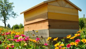 Colmenas langstroth en un campo lleno de flores, mostrando abejas trabajando.