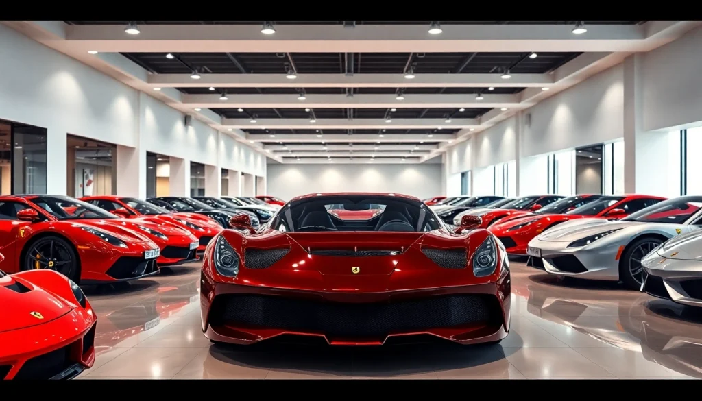 Showcase of used exotic cars Johannesburg featuring a luxurious Ferrari in a modern showroom.