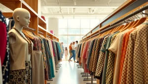 Shoppers exploring a fashionable clothing store filled with stylish apparel and a vibrant atmosphere.