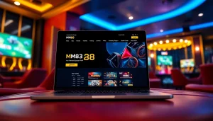 MM88 online gambling platform interface on a laptop in a gaming lounge.