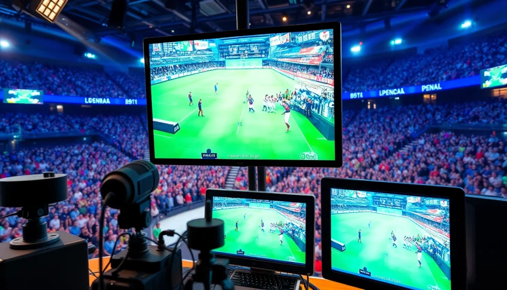 스포츠중계하는 생동감 넘치는 방송 환경과 장비들이 완벽하게 포착된 모습.