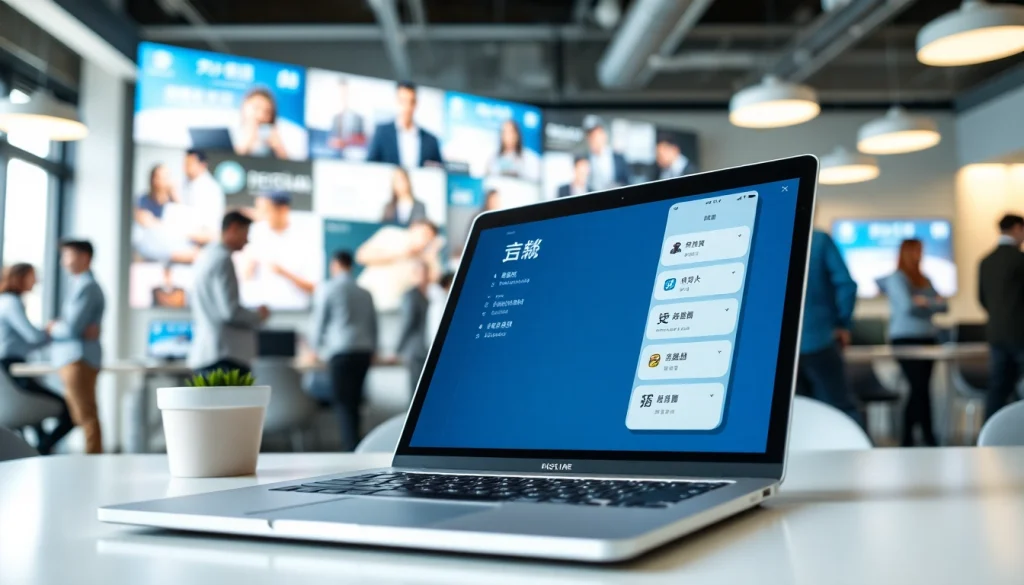 Utilize 有道翻译下载 on a sleek laptop in a dynamic workspace, enhancing translation efficiency.