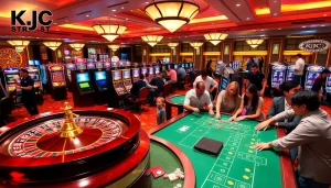 Exciting casino environment with KJC branding showcasing gaming tables, slot machines, and enthusiastic players.