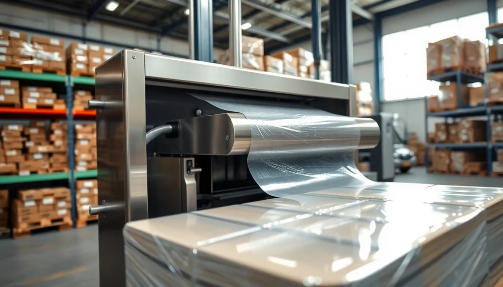 Efficient pallet shrink wrap machine wrapping goods securely in a warehouse setup.