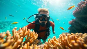 Scuba diver exploring vibrant coral reef at https://marvinscubaexpeditions.com showcasing colorful marine life.