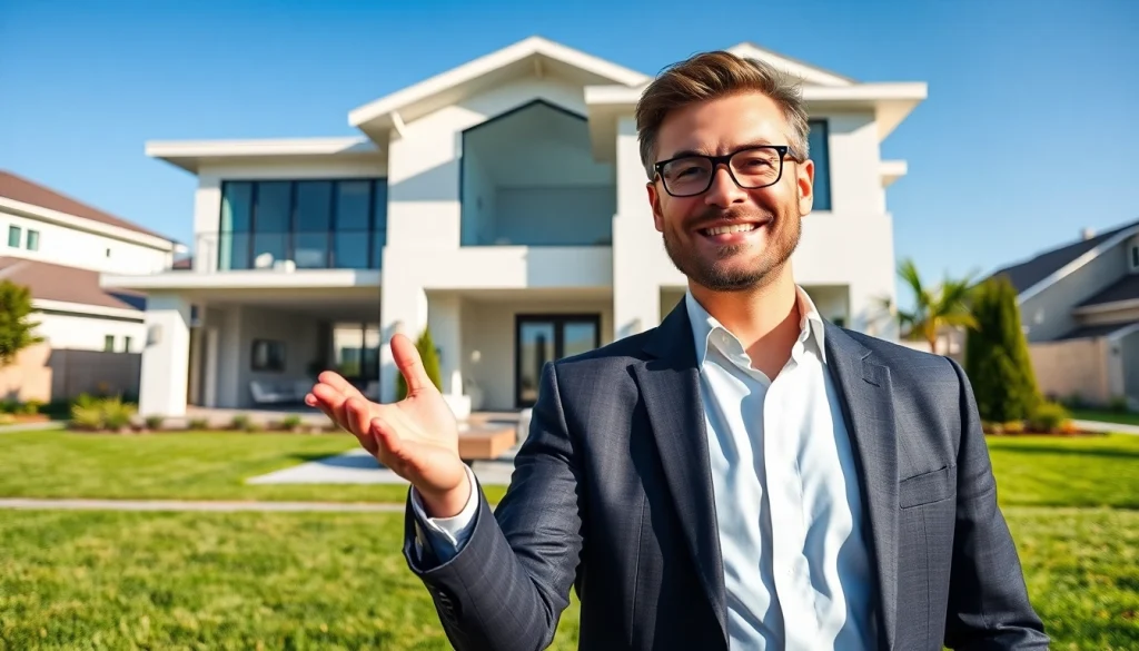 Real Estate agent highlights a luxurious home in a suburban setting, showcasing modern architecture.