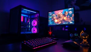 Menampilkan daftar ggsoft game pada setup gaming profesional dengan PC dan monitor berwarna cerah.