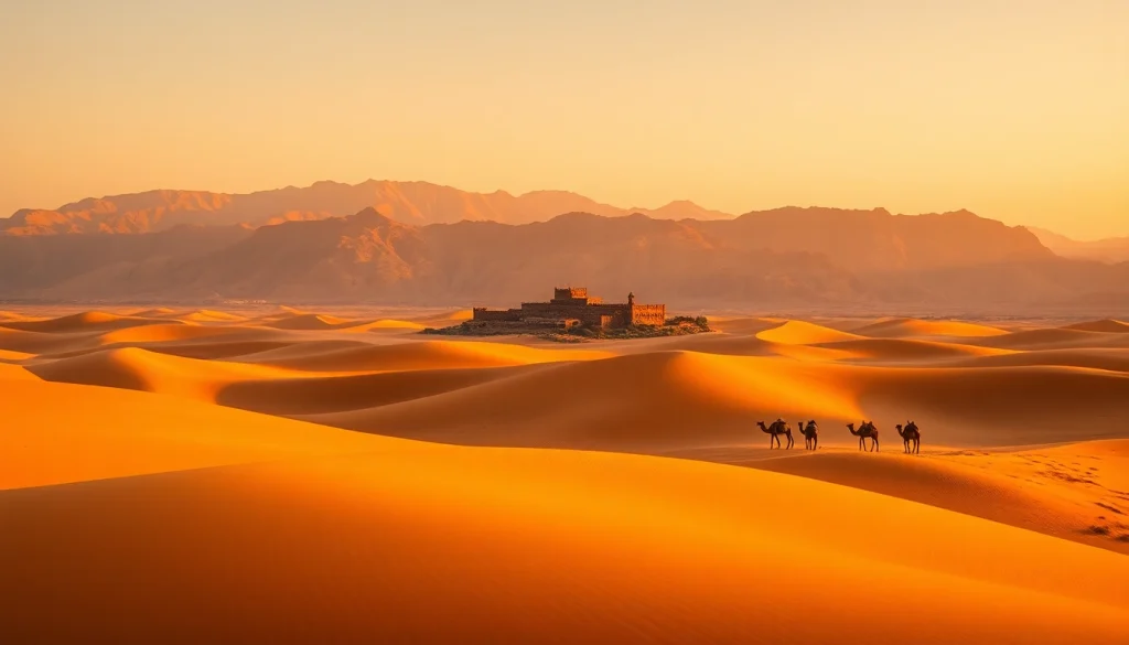 Experience morocco travel through a captivating view of golden dunes and a traditional kasbah.