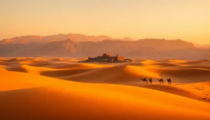 Experience morocco travel through a captivating view of golden dunes and a traditional kasbah.