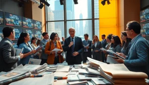 Capture the vibrant newsroom atmosphere of https://2urbangirls.com with journalists engaged in lively discussions.