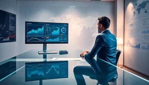 Современный финансовый специалист работает с данными в стильном офисе, брендинг 79king для 2025 года