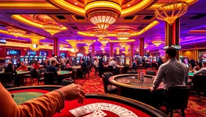 Experience the thrill of KJC AC in a vibrant casino setting with players at tables and colorful lights.