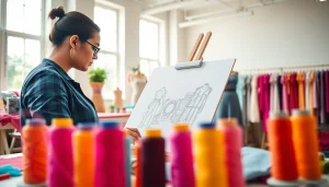 Showcasing the creative process at https://www.northernfashions.com with vibrant fabrics and sketches.